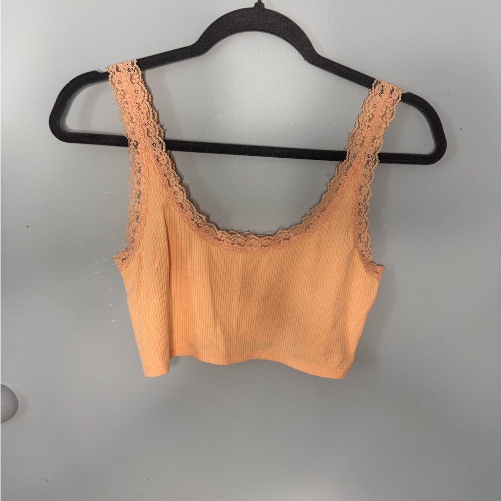 American Eagle Outfitters Lace Trim Ribbed Tank - Peach